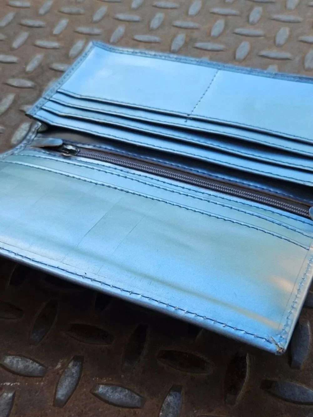 Long Wallet Genuine Leather Grayish Blue Clutch Purse Handmade Card Holder